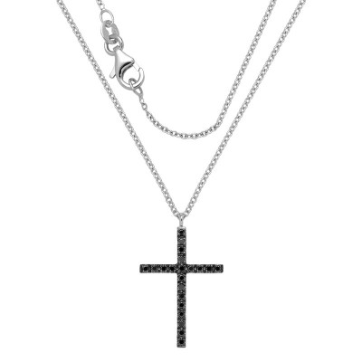 Collier pendentif croix Diamants noirs 0.21ct en Or blanc