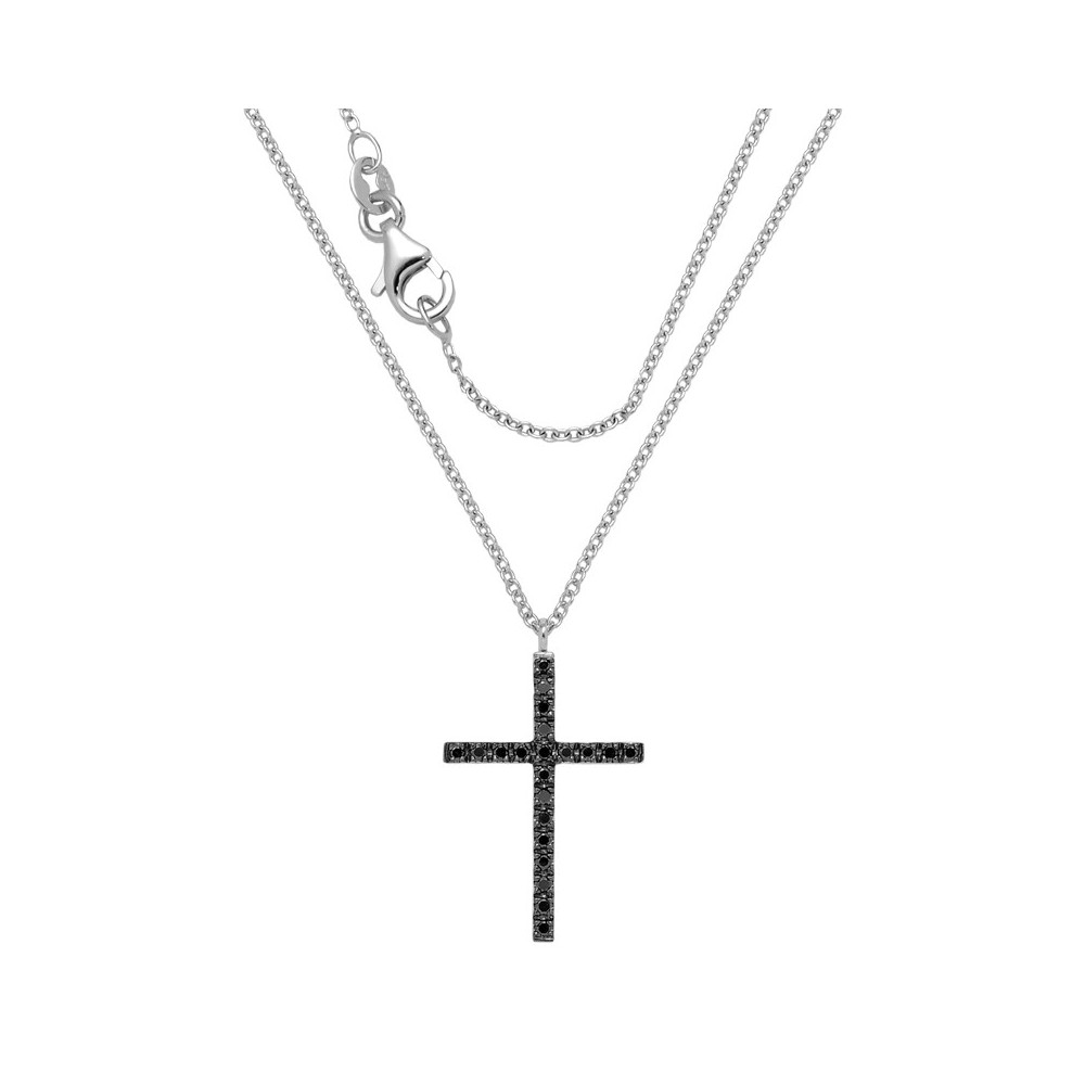 Collier pendentif croix Diamants noirs 0.21ct en Or blanc