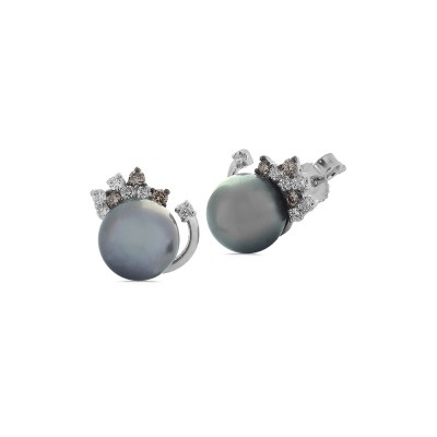 Boucles d'oreilles Perle de Tahiti 8.5/9mm Diamants Blanc 0.21ct et Diamants Brun 0.12ct sur Or Blanc