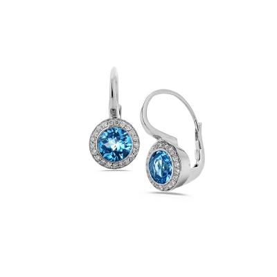 Boucles d'oreilles Dormeuse en Or Blanc Topaze Bleue 0.50ct Entourage Diamants 0.21ct