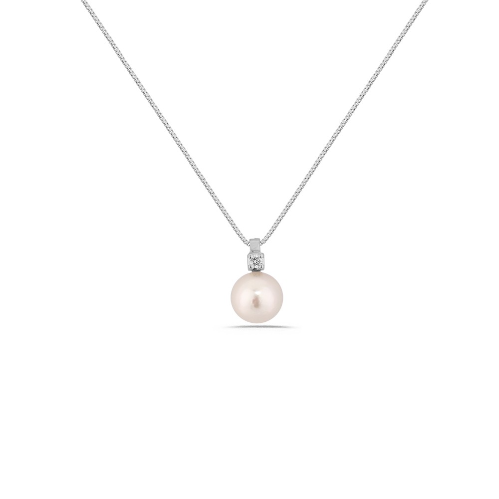 Collier Perle Blanche Akoya  6.5mm et Diamant 0.02ct Or Blanc