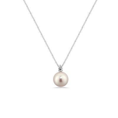 Collier Perle Blanche Akoya 10.5mm et Diamant Forme Poire 0.13ct sur Or Blanc