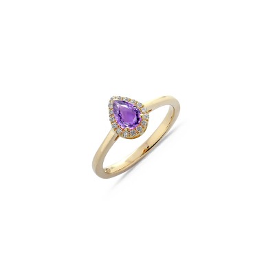 Bague Saphir Violet Forme Poire7x5mm 0,73ct Entourage Diamants 0.12ct